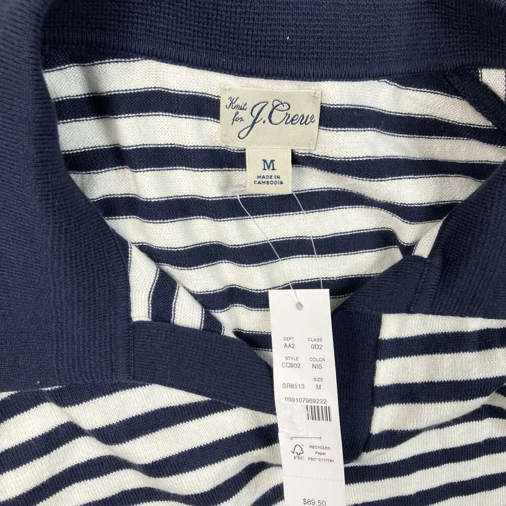 J Crew Johnny Collar Sweater Polo Mens M Navy White Stripe Cotton Long Sleeve